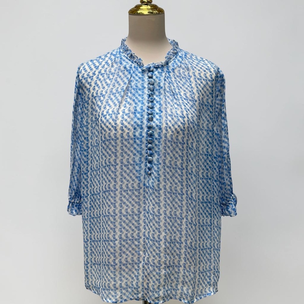 The‎ Fold Silk Blouse Top 10 Blue White Geometric Ruffle Neck 3/4 Sleeve Buttons